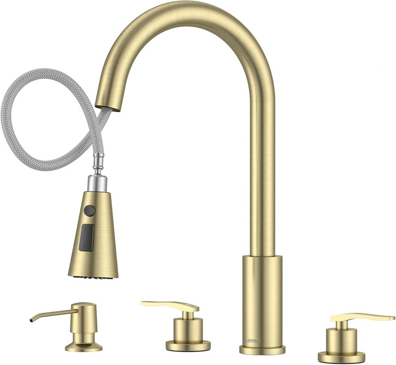 DAYONE 2 Handle Kitchen Faucet with Pull Down Sprayer, 4 Hole Sink Faucets with Separate Handle for Kitchen RV Laundry Bar, 3 Modes, SUS304 Stainless Steel, Brushed Gold - Image 1
